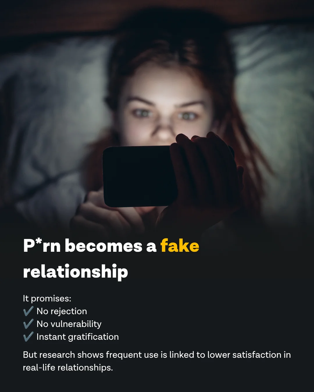 Young woman lying in dark scrolling on phone - porn becomes a fake relationship promising no rejection, no vulnerability, instant gratification